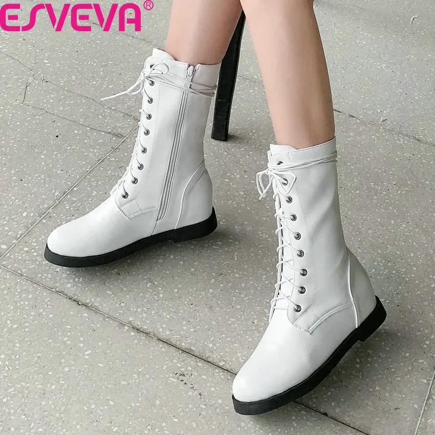 

ESVEVA 2020 Women Mid Calf Boots PU Leather Round Toe Short Boots Autumn Winter Square Heel Lace Up Zipper Women Shoes Size34-43