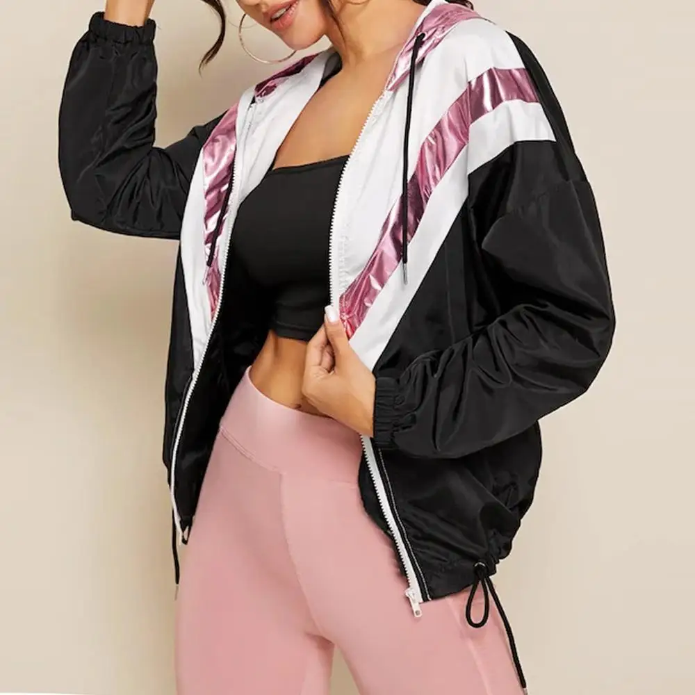 Fashion Women Casual Jacket Autumn Long Sleeve Color Block Zipper Thin Hooded Sport Coat Outdoor Sport Jacket Streetwear