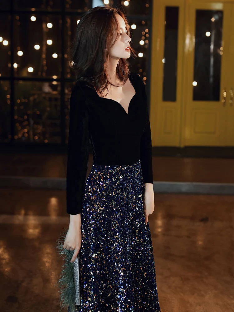 A-line Evening Dresses Long Velour with Sequins Half Sleeves Party Gowns Muslim Abendkleider Robe De Soiree