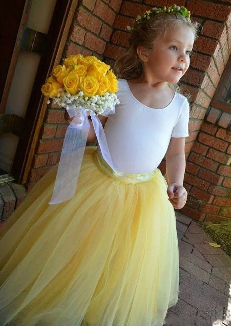 Желтое пышное белое платье с фатиновой юбкой трапециевидной формы для маленьких девочек, платье с цветочным узором для девочек на свадьбу, платье с круглым вырезом и короткими рукавами для торжеств, платье для выпускного вечера