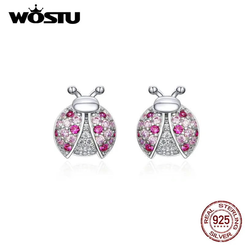 WOSTU 925 пробы серебро Божья коровка розовый циркон серьги-клипс серебро 925 ювелирные изделия для женщин Свадебные серьги, ювелирные изделия FIE715