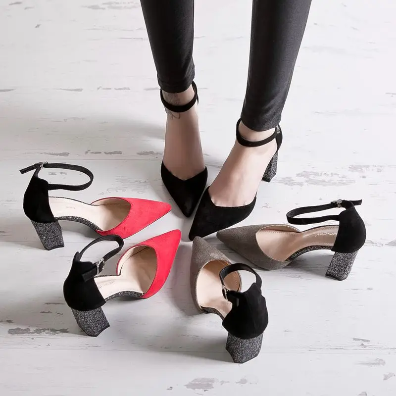 

80513 Europe And America 2018 Spring And Summer New Style Straight-line Buckle Mixed Colors Chunky Heel Pointed High Heel Shoes