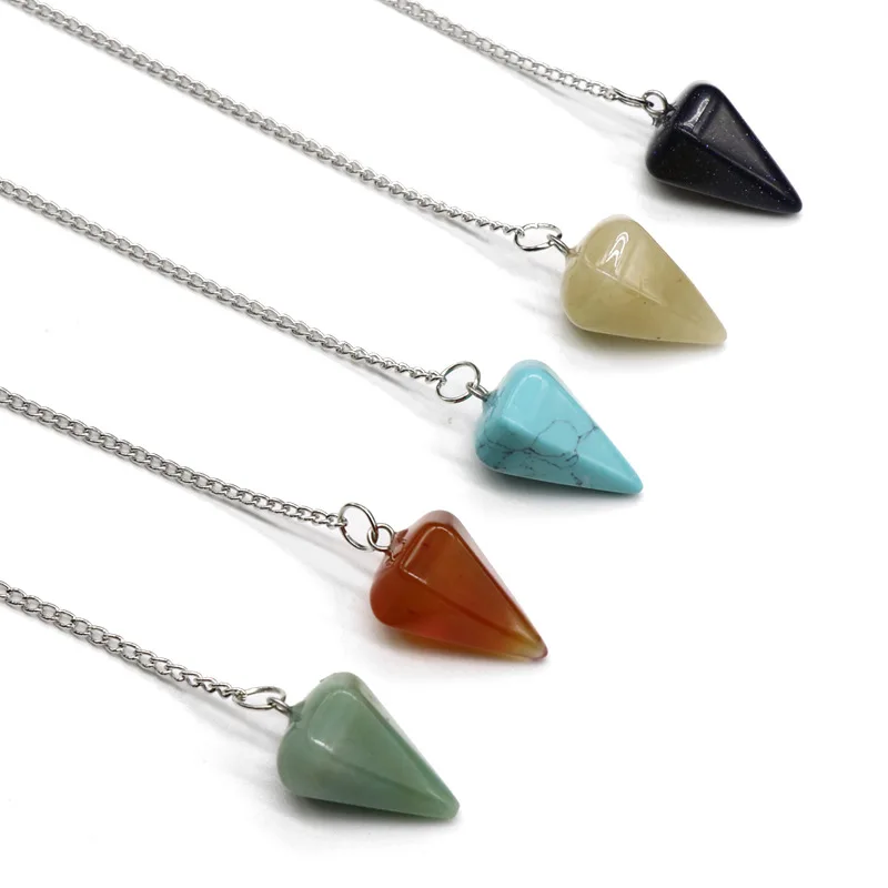 Retro Natural Quartz Agates Pendant Turquoises Tiger Eye Reiki Healing Cone Crystal Pendulum Amulet Men Women Divination | Украшения и