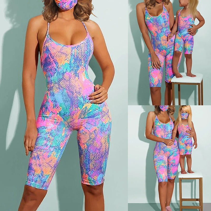 

Summer 2020 Family Sleeveless Bodysuit Tie Print Yoga Set Mom And Daughter Matching Baby Girl Clothes MINI And MAMA Playsuit