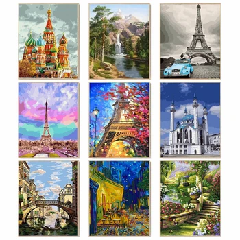 

Frameless Tower Building DIY Painting By Numbers Modern Wall Art Canvas Painting Gift for Home Decors Wall Art 40x50cm