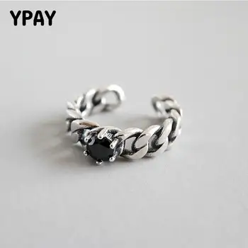 

YPAY Real 925 Sterling Silver Adjustable Ring 2019 Vintage Black Round Agate Chain Open Rings For Women Men Fine Jewelry YMR665