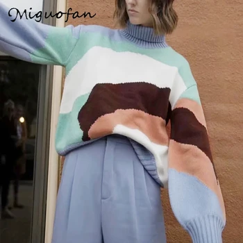 

Miguofan Color stitching sweaters women sweater jumpers winter autumn turtleneck long sleeve pullovers female casual thick tops