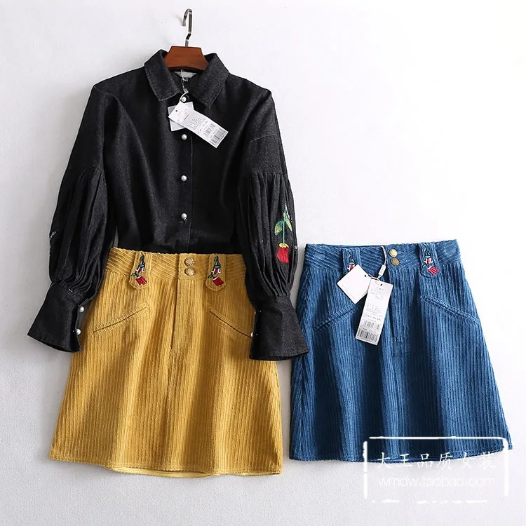 

A Generation of Embroidered Lantern Sleeve Denim Shirt High-waisted Corduroy Skirt A- line Short Skirt Set Entity