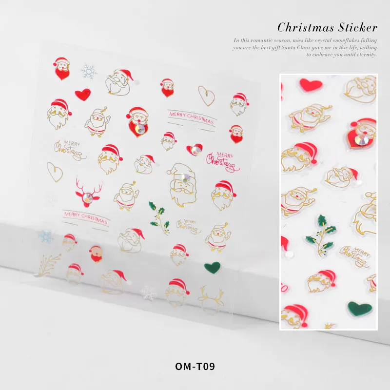 1 лист 3D Рождественские наклейки самоклеющиеся наклейки для ногтей смешанный дизайн маникюрный фестиваль украшения аксессуары - Цвет: OM-T09