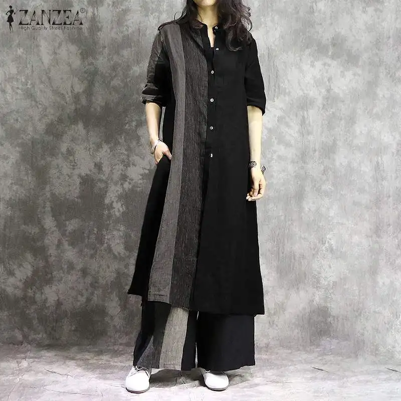 ZANZEA Women Autumn Cotton Linen Trousers Casual Wide Leg Pants Elastic Waist Color Block Pantalon Vintage Palazzo Streetwear 7