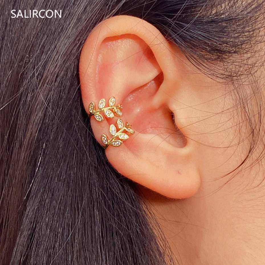 

Salircon Korean Leaves Ear Clips Earring Without Piercing For Women Gold Color Rhinestone Ear Cuff Small Earring Fashion Jewelry