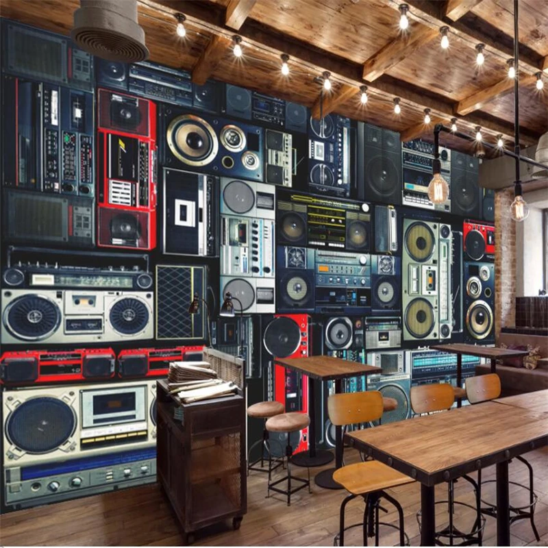 Beibehang-Retro-Vintage-Recorder-Radio-Restaurant-Restaurant-Wall-Custom-Large-Mural-Green-Wallpaper-papel-de-parede