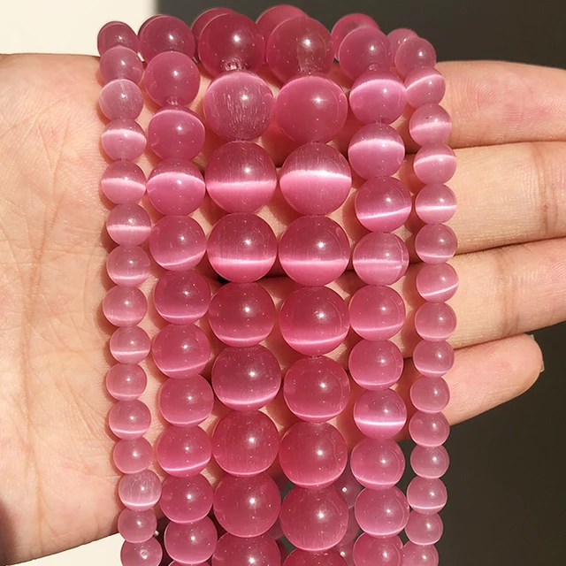 Natural Stone Pink White Moonstone Cat Eye Beads For Jewelry Making Smooth Loose Spacer Beads Opal Diy Charm Bracelets Necklace Fushcia