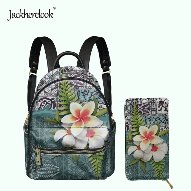 Jackherelook Hawaiian Samoan Polynesian Foral Print Women PU Mini Backpack Clutch Wallet 2pcs/Set Girls Small Campus Schoolbag HTO2470