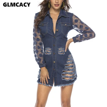 

Women Long Sleeve Denim Dress Turn Down Colalr Lace Insert Mini Dress Classy Ripped Party Dress Elegant Fall Chic Streetwear
