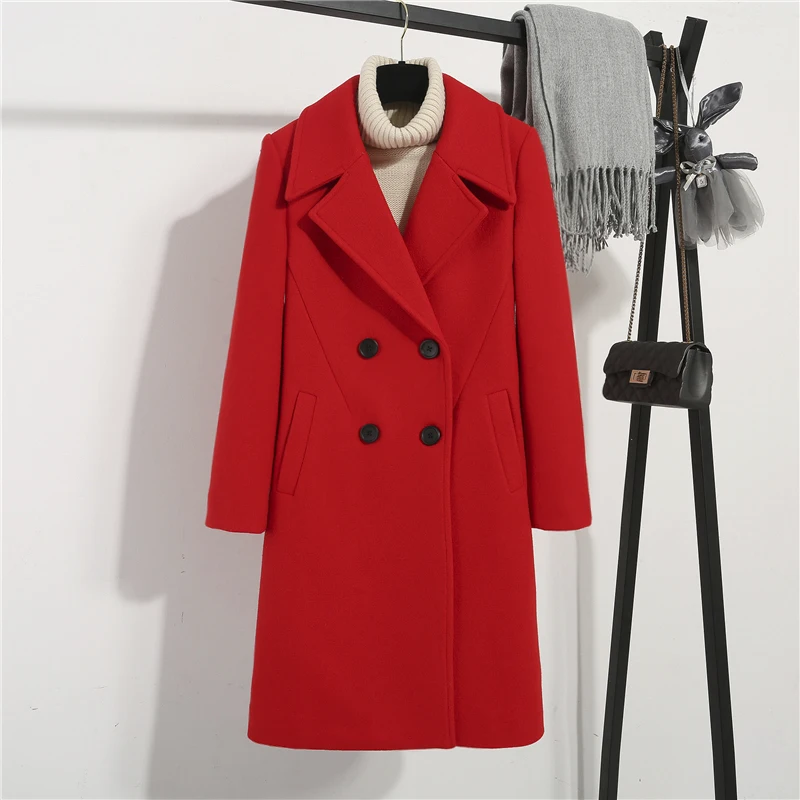 

Women 2019 autumn and winter new slim woolen coat in the long section of the big red plus cotton thickening woolen coat female