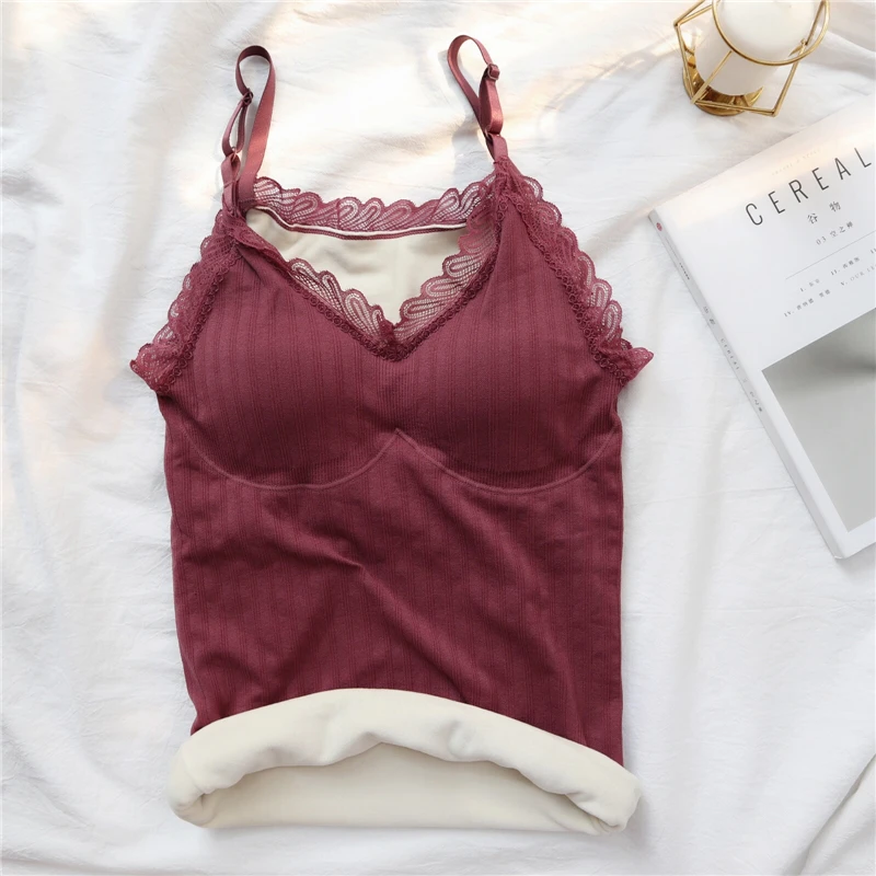 Wine red Зимние толстые бархатные топики женские Лоскутные кружевные мягкие Пуловеры Camis женский теплый жилет топы GT3721 - Цвет: Wine red