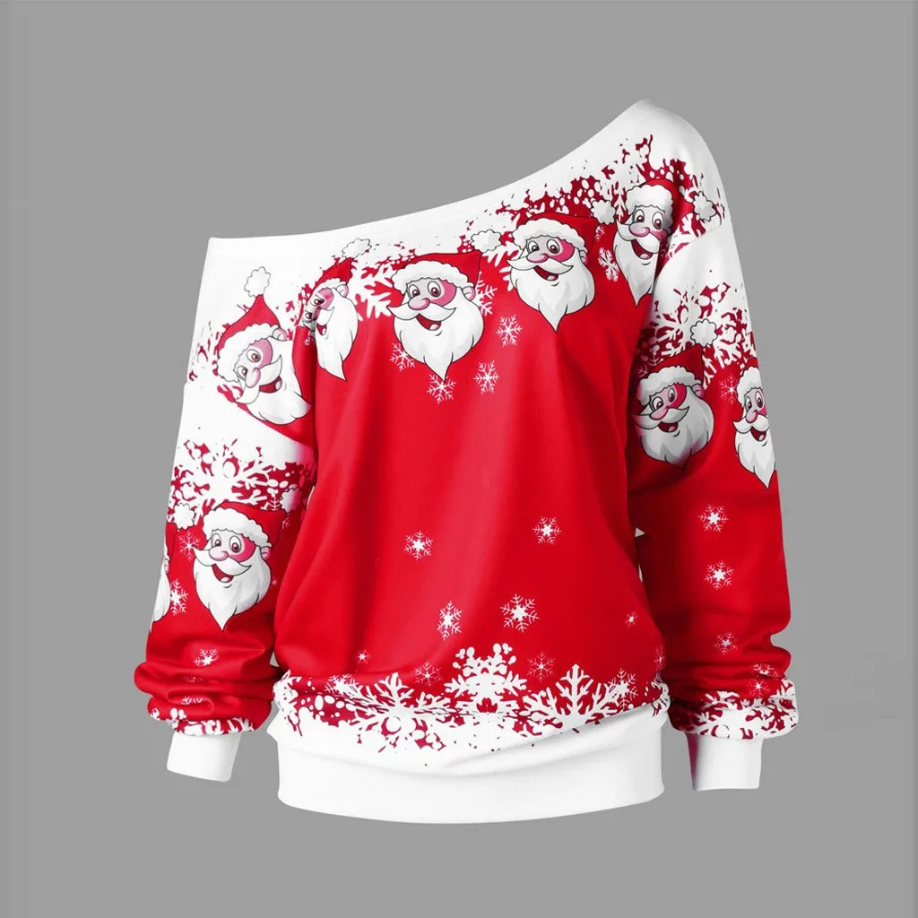 Рождественская блузка, рубашки, повседневные, плюс размер, S-5XL, для женщин, с рождественским принтом Санта Клауса, с косой горловиной, толстовка, женская блузка,@ 45