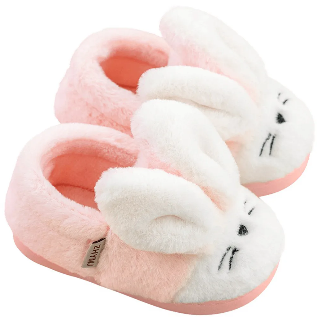 Зимняя детская обувь для малышей; тапочки с рисунком кролика; теплые Нескользящие домашние тапочки; тапки для детей