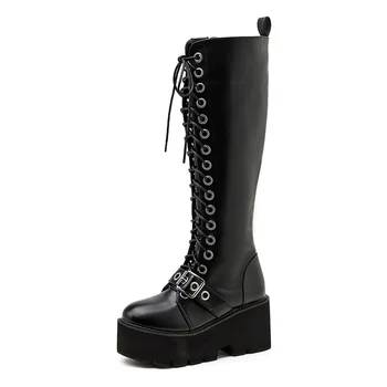 

Lucyever Punk Style Metal Buckle Motorcycle Boots Women Wedge Platform Knee High Boots Female Winter PU Leather Long Botas Mujer