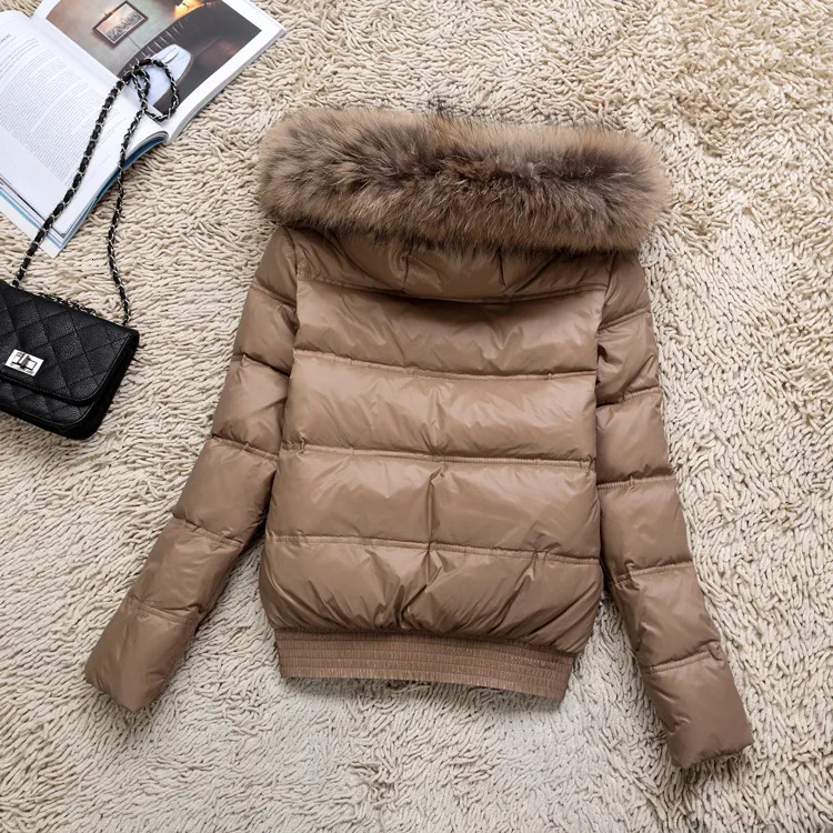Winter Natural Real Raccoon Fur White Duck Down Jacket Women Long Sleeve Slim Parkas Coat Female Zipper Pockets Outwear