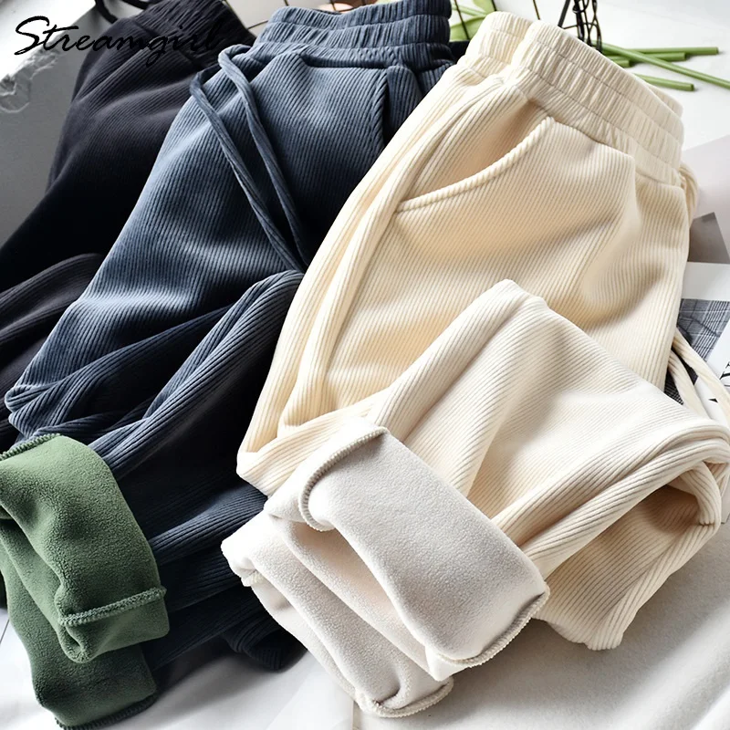 Corduroy Pants Trousers Velvet Fleece Winter Thick Black Female Women Straight for Workout