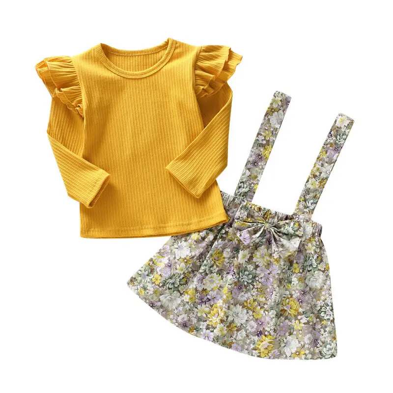 Детская Хлопковая футболка с длинными рукавами для маленьких девочек топы, юбка на подтяжках с цветочным принтом и бантом комплект одежды