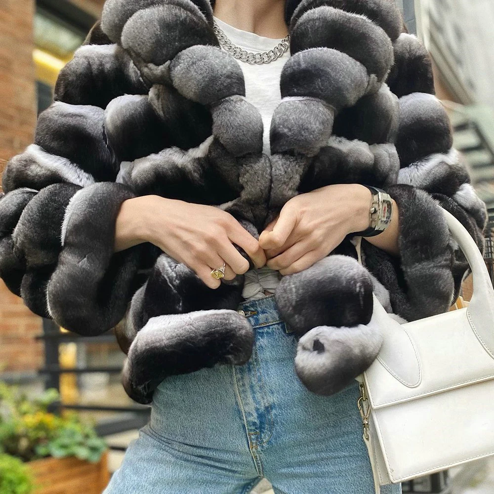Fashion Short Natural Rex Rabbit Fur Jacket Turn-down Collar New Chinchilla Color Genuine Rex Rabbit Fur Coats Female Overcoats