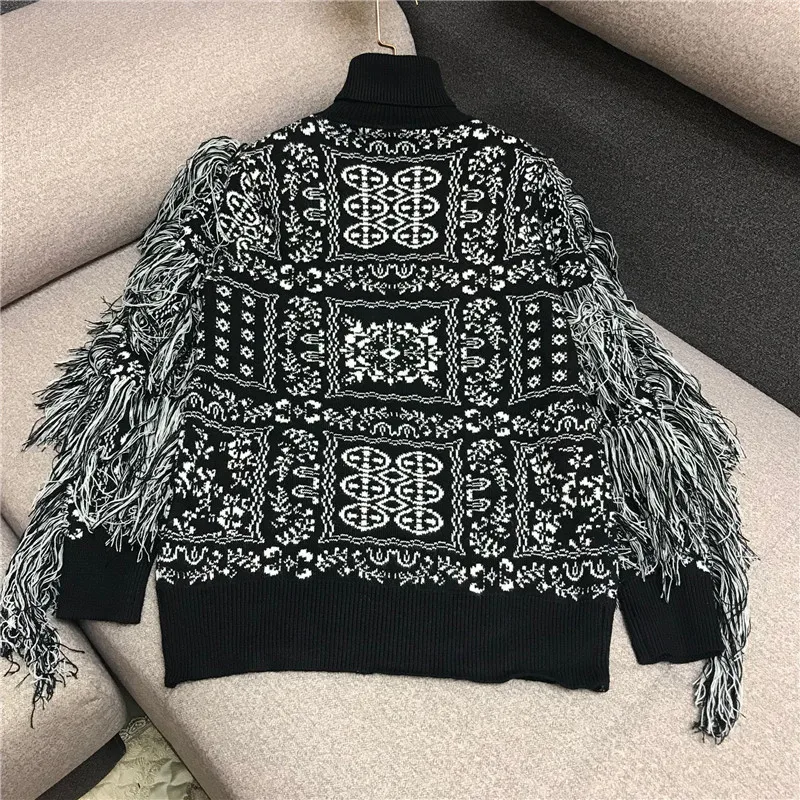 

Retro Pattern Fringe Sweater Woman Turtle-Neck Palace Style Jacquard Lazy Sweater Top Ladies High Street Sweaters Jumper Coat