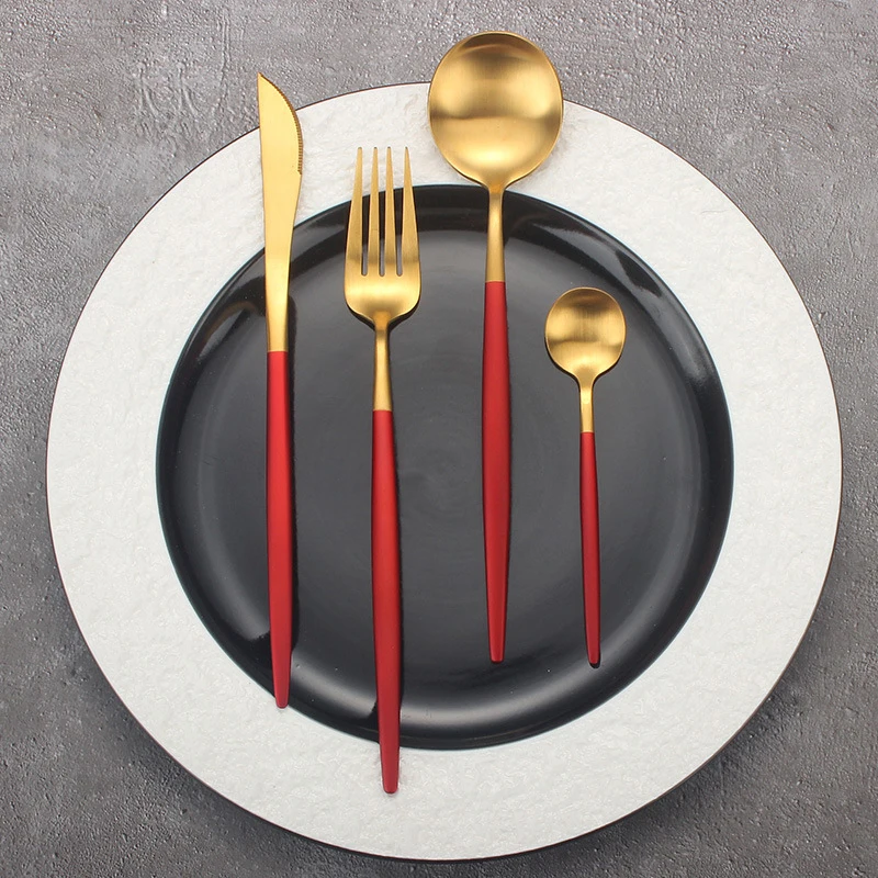 

4 Pieces Thicken Stainless Steel Flatware Set Cutlery Portuguese Tableware Utensils Set ,Gold Silverware Set with Pink Handle