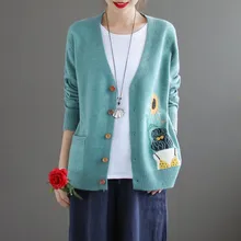 Осенние кардиганы, пальто для девочек с рисунком подсолнуха, жаккардовая верхняя одежда с v-образным вырезом, свитер для женщин с длинным рукавом, 6 цветов