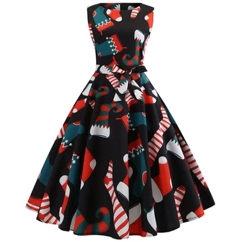 

Plus Size Christmas Dress Women Summer Sleeveless Print Party Dress Elegant Vintage Swing Pin up vestidos robe femme