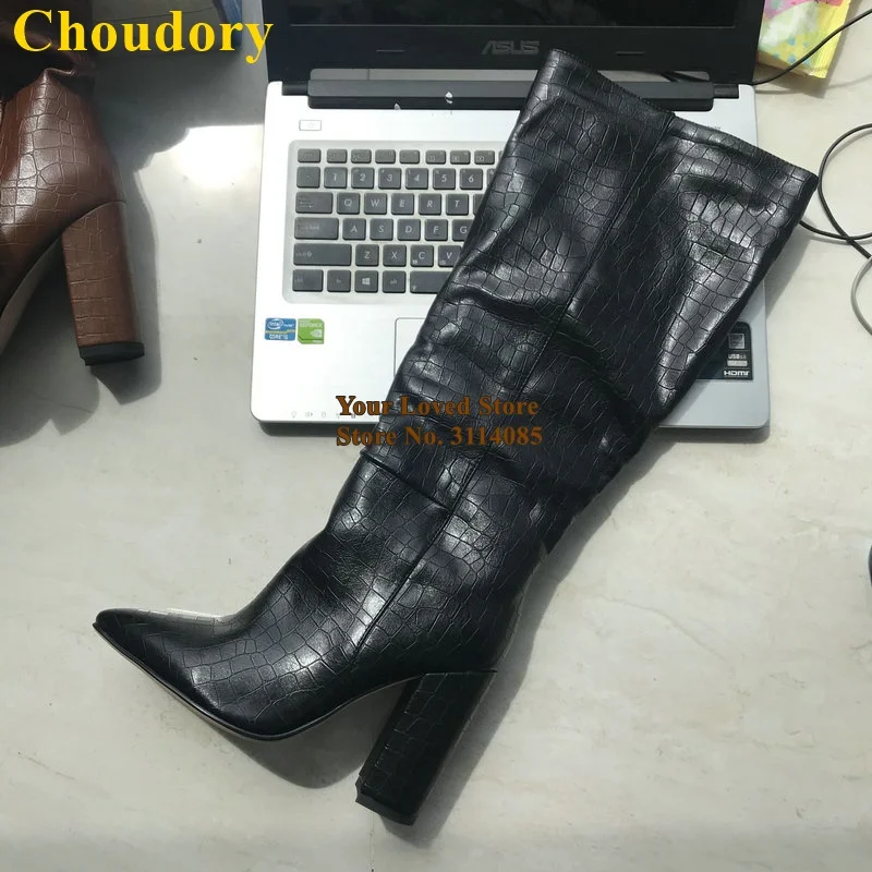 black as picture Choudory/Сапоги до колена из змеиной кожи коричневого цвета со стразами; высокие сапоги с острым носком на не сужающемся книзу массивном каблуке; пикантные высокие сапоги из кожи питона; модельные туфли - Цвет: black as picture