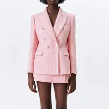 New style women's jacket spring 2021 pink lapel long-sleeved double-breasted European and American style sub-textured blazer