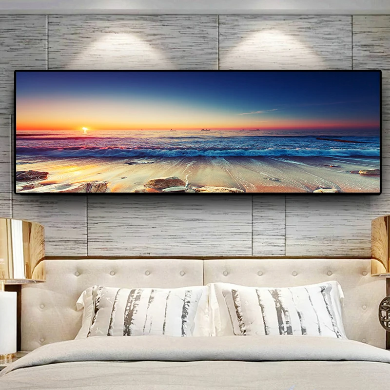 Sunsets Sky натуральный Coast Ocean пляжный морской пейзаж панорама Холст Плакаты с живописью и печать, Картина Настенная для Гостиная