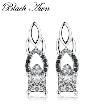 

Genuine 925 Sterling Silver Engagement Hoop Earrings for Women Black&White Stone Jewelry Bijoux T017