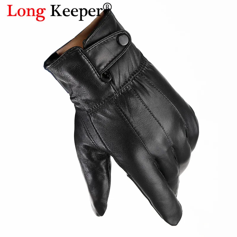 

LongKeeper Men's Genuine Leather Gloves Real Sheepskin Black Driving Gloves Button Fashion Brand Winter Warm Mittens New guantes