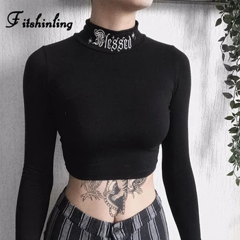 

Fitshinling Embroidery Letter Gothic Woman Tshirts Autumn Black Fitness Crop Top Turtleneck Dark Slim Sexy Grunge Female T-Shirt