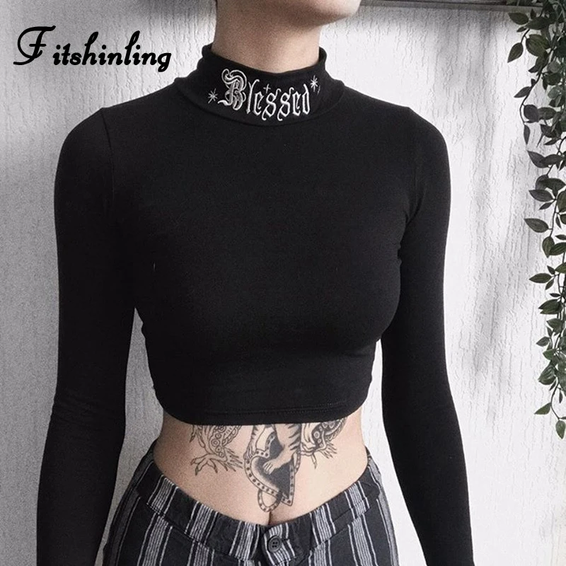 Женские футболки с вышитыми буквами Fitshinling готические черные для фитнеса