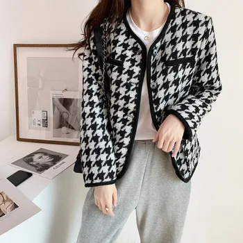 

Cthink Good Quality Autumn 2020 Houndstooth Short Jacket Coat Women Black And White No Button Coats For Women Street Outerwear
