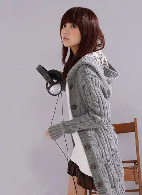 Winter Knit Woman Sweater Long Sleeve Knit Coats Hooded Cardigan Thick Korean Style Sweater