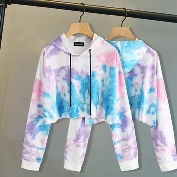 

Lychee Girls Tie Dye Women Crop Hoodies Long Sleeve Spring Lady Crop Pullovers Casual Loose Lady Hooded Sweatshirt Tracksuit
