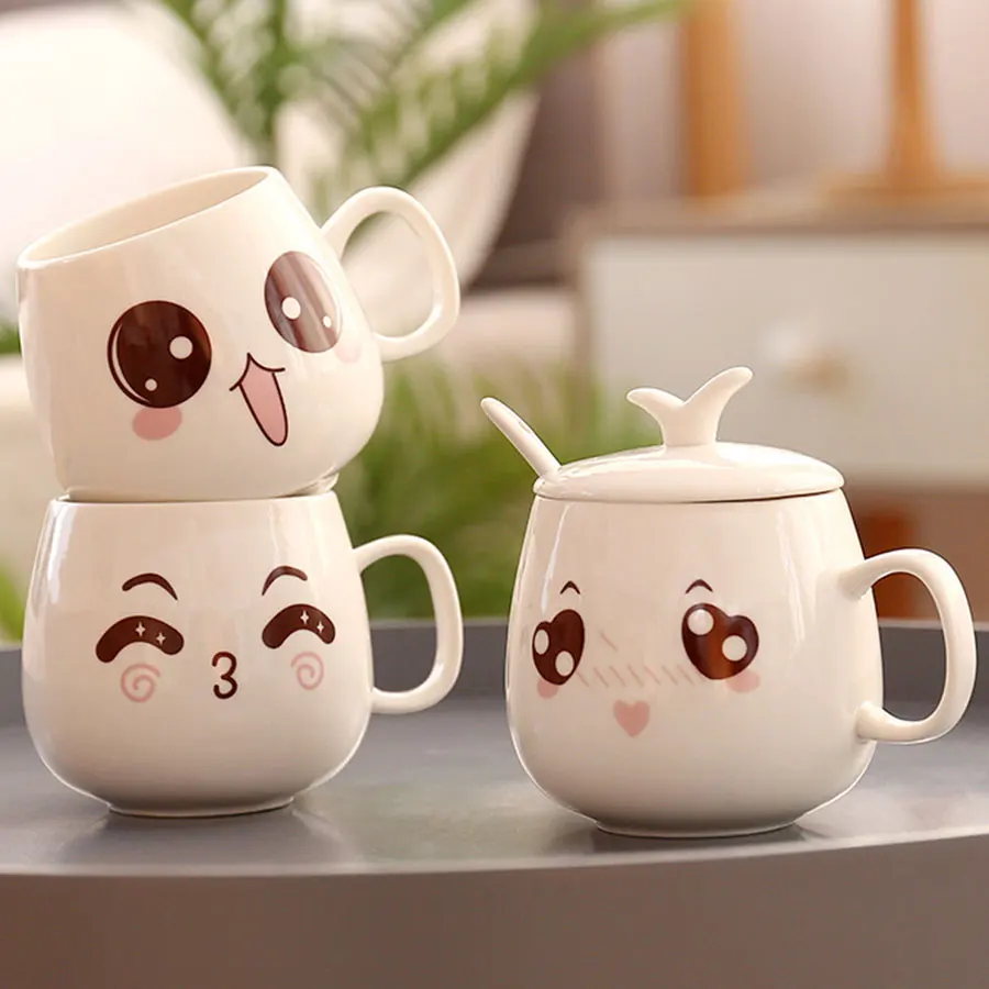 350ml Smile Ceramic Mug With Lid Spoon Cartoon Coffee Milk Tea Water Cup Cute Funny Expression White Smiley | Дом и сад