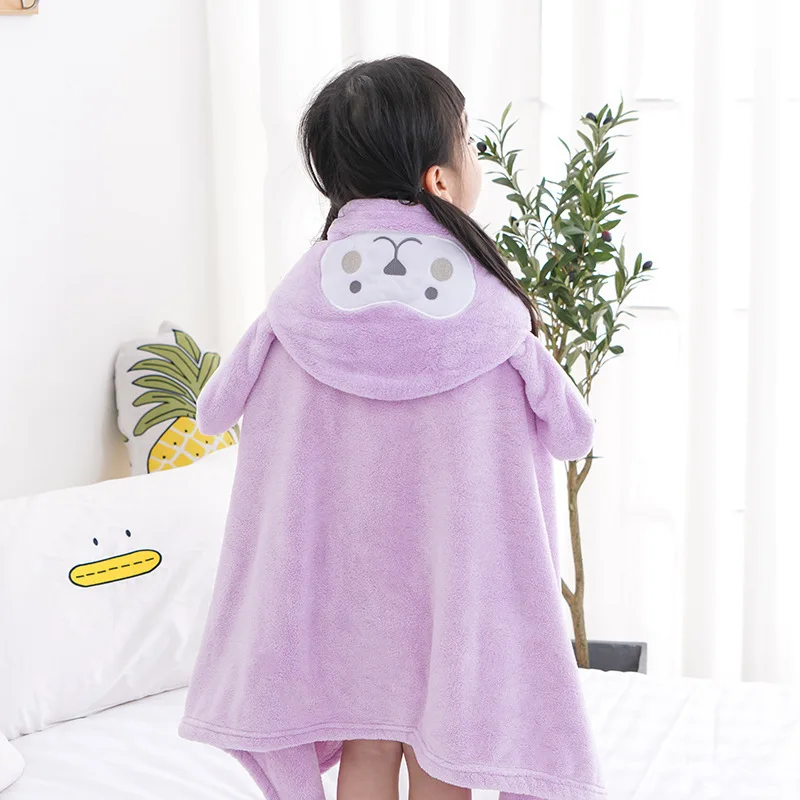 Children Bath Towel Coral Velvet Hooded Cape Kid 3D Cartoon Bathrobe Super Absorbent Boys And Girls Cape