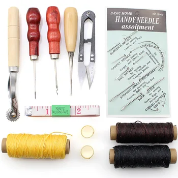 

Leather Sewing Tools Kit with Wax Thread, Profession Leathercraft Needle Awl Overstitch Whee DIY Craft Set Shoemaking Stitching