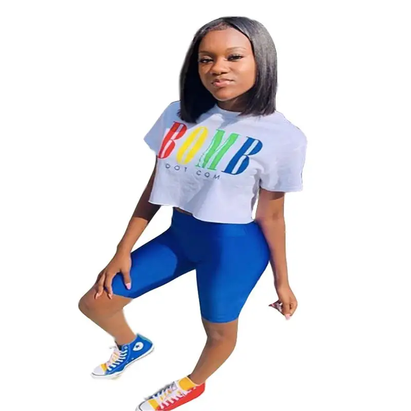 

BOMB Letter Printed Woman Tracksuits 2 Piece Set Casual O Neck Short Sleeve T-Shirt And Blue Shorts Lady Outfits FM6077