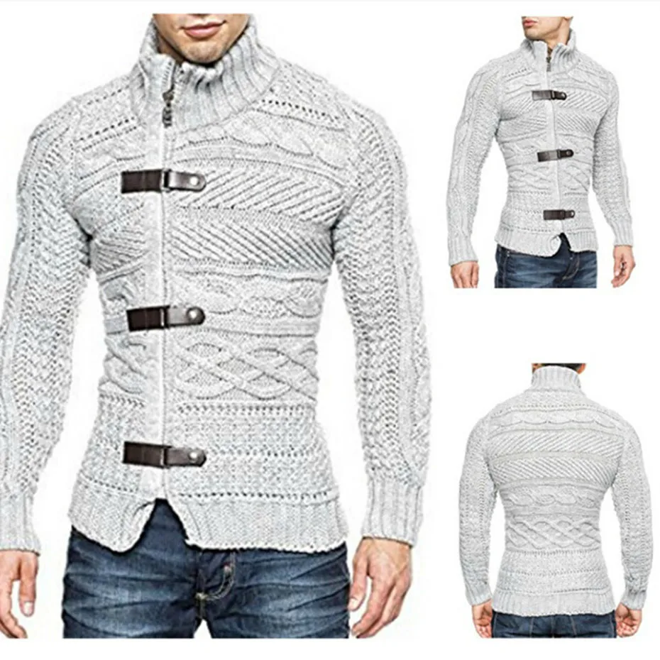 ZOGAA, осенне-зимний мужской свитер, кардиган, мужские повседневные тонкие вязаные свитера, мужской теплый плотный свитер с высоким воротом, пальто - Цвет: Серый