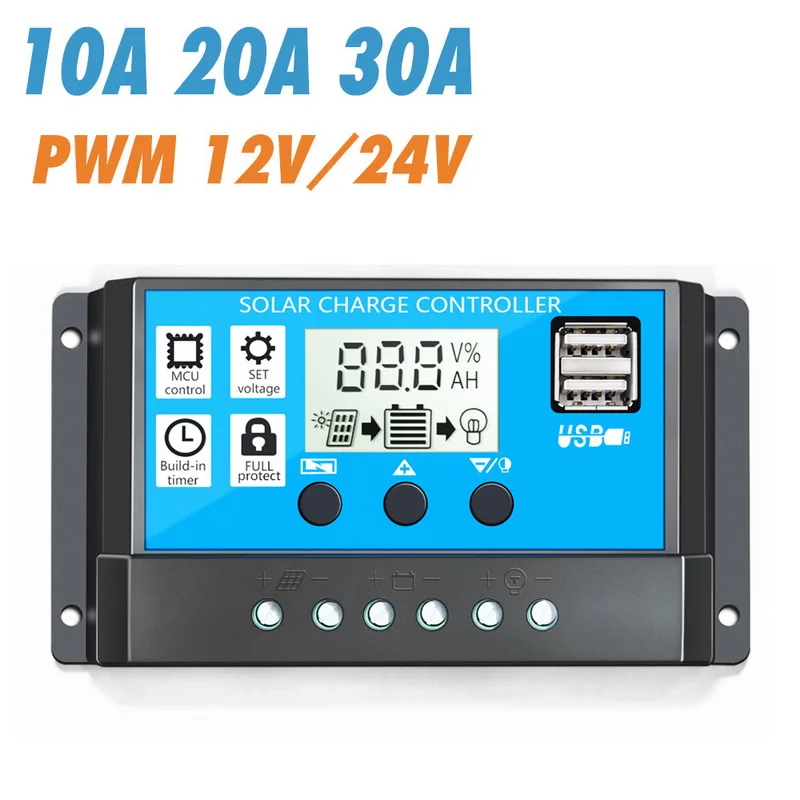 

Solar Charge Controller 12V/24V 10/20/30A Auto PWM 5V Output Solar Panel Battery Controller Regulator With Dual USB LCD Display