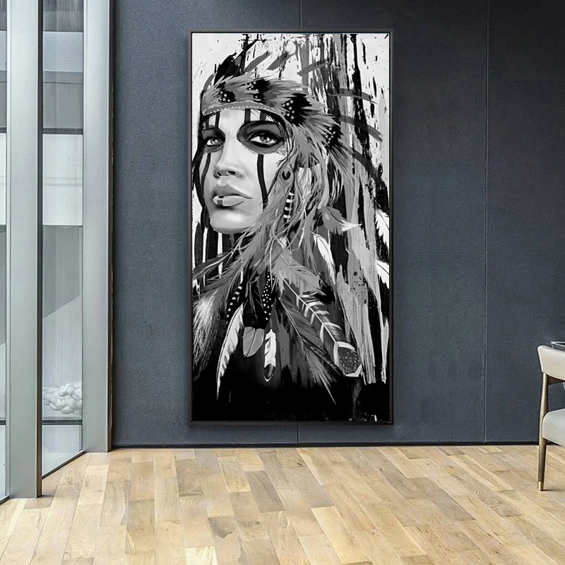 Watercolor Portrait Canvas Art Wall Pictures For Living Room Indian Woman Feathered Pride Painting Home Decor Printed Frameless | Дом и сад