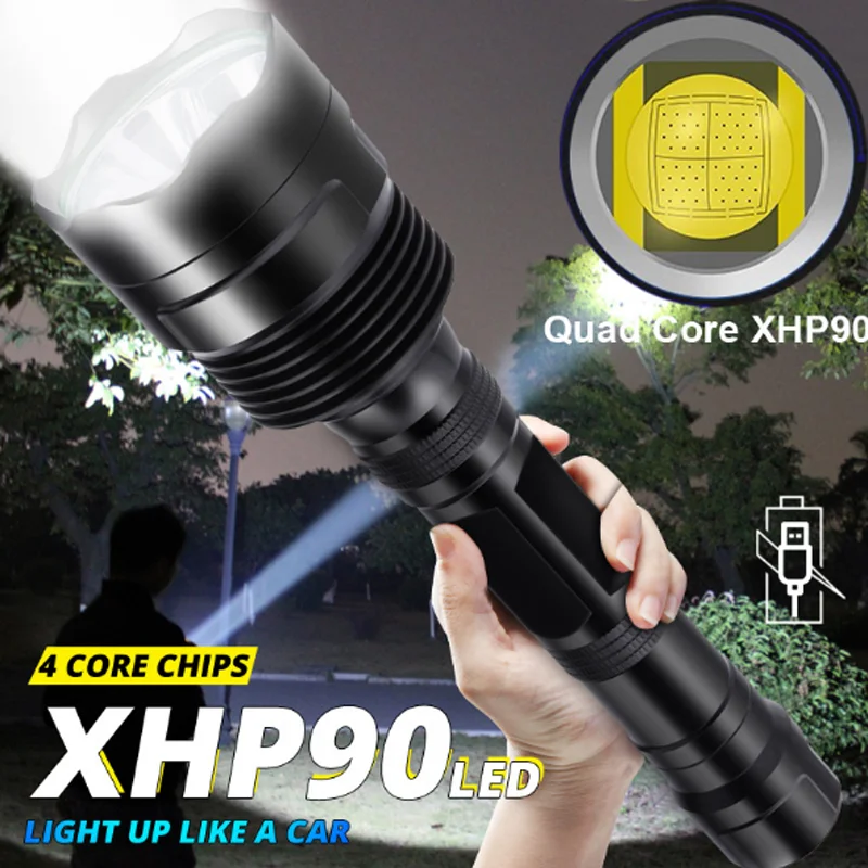 990000LM Powerful XHP90 LED Flashlight USB Rechargeable 26650 Zoom Torch Lamp 